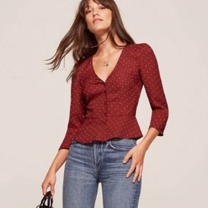 Reformation red dot peplum crop button blouse 0 XS
